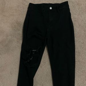 SHEIN petite high waisted buckle front cut out skinny jeans black